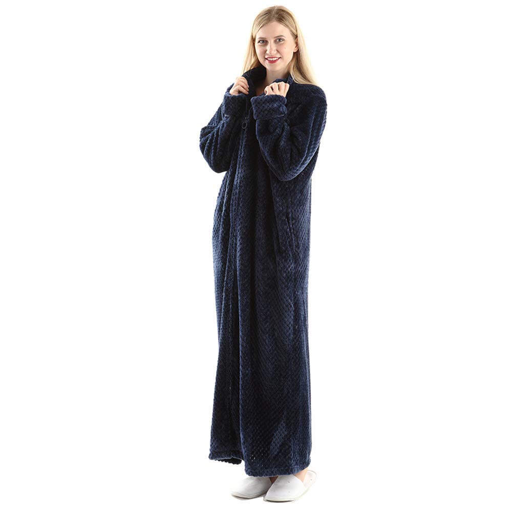 Oksun Womens Plus Size Fleece Dressing Gown Soft Bathrobe Full Length with Zipper, Navy, UK14-20(label XL)