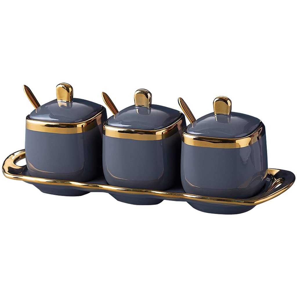 Fvstar Ceramic Sugar Bowls with Lid and Spoon,Gold Kitchen Spice Boxes Set,Salt and Peper Containers Set of 3,Coffee Sugar Bowls with Tray,Seasoning Storage Jars for Countertop and Bar,Gray