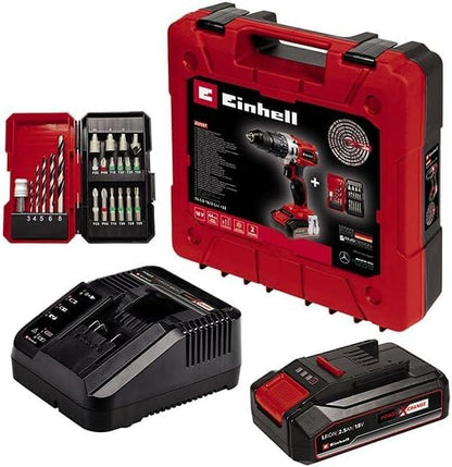 Einhell Power X-Change 44Nm Cordless Drill Driver With Battery And Charger - 18V, 3-in-1 Combi Drill, Hammer Drill And Screwdriver - With 22 Piece Drill Bit Set And Storage Case, Red/Black