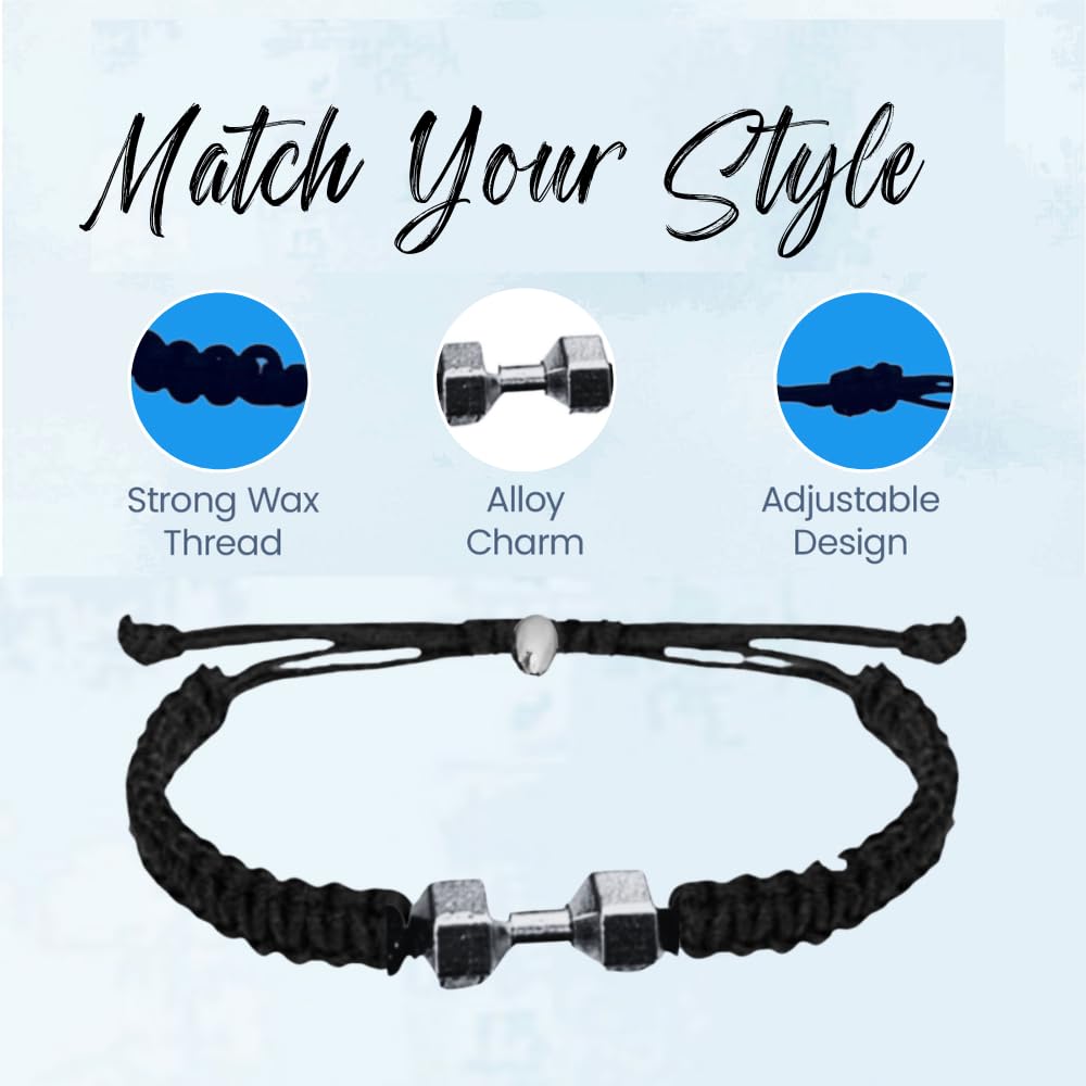 Sportybella Fitness Bracelet, Motivational Dumbbell Charm Adjustable Bracelet for Men & Women, Exercises Weightlifting, Sports Fitness, Personal Trainer Gift