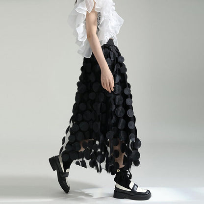 Tulle Skirt Women 3D Polka Dot Elastic Waist Mesh Flowy A-Line Midi Skirts Wedding Halloween Party Outfit (Black, One Size)