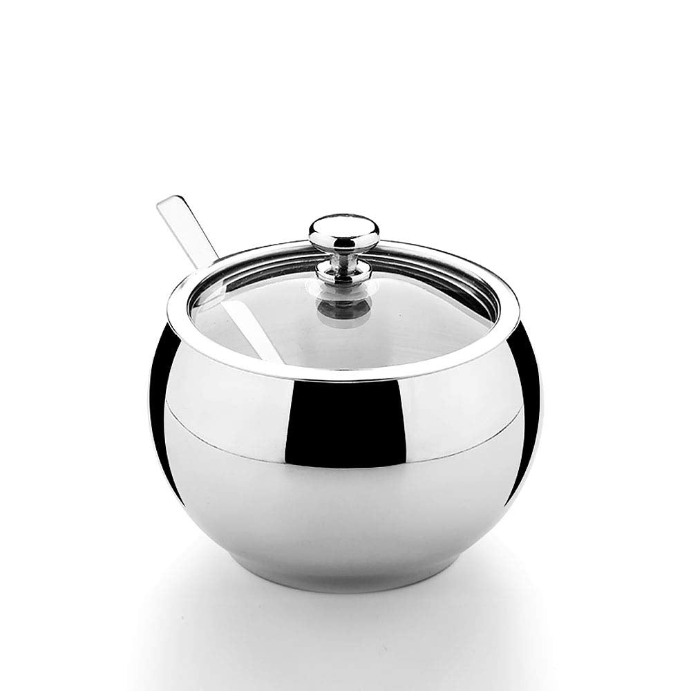 KEMIYIXIAN Stainless Steel Sugar Bowl with Lid and Spoon, Polished Shiny Condiment Pots for Serving Sugar Pepper Salt Spice- 330ml/ 11.6 Oz