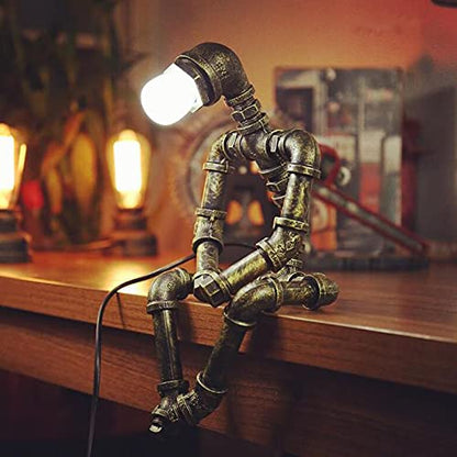 PUPERY Steampunk Table Lamp,Retro Industrial Bronze Pipe Robot Desk Lamp with 2 Edison Bulbs Lamp Creative Gift