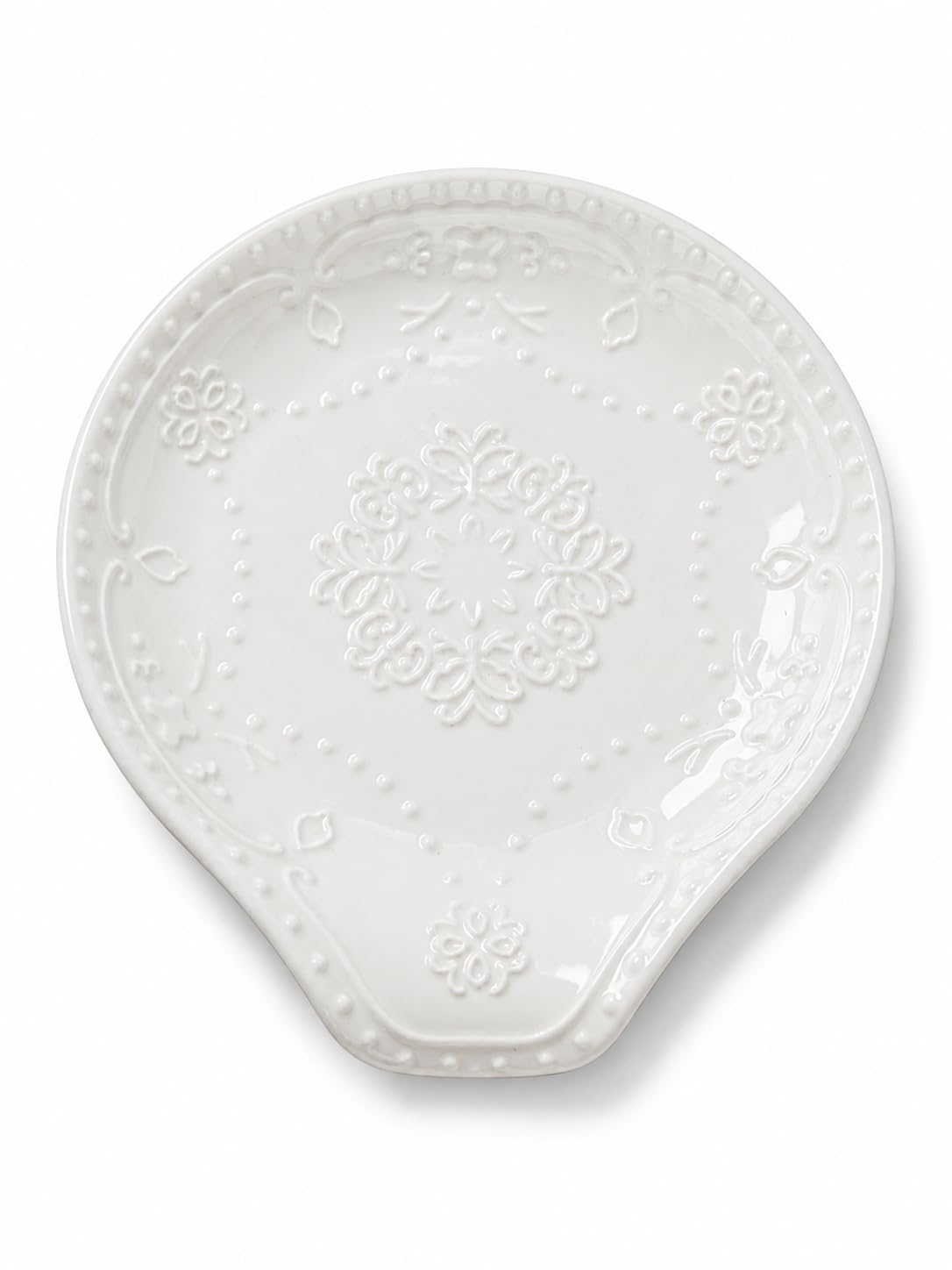 White Ceramic Spoon Rest for Kitchen Counter, 5.7" Spoon Holder for Stove Top, Floral Butterfly Embossed Cooking Utensil Rest, Dishwasher Safe Spoon Plate for Spatula, Ladle, Coffee Spoon