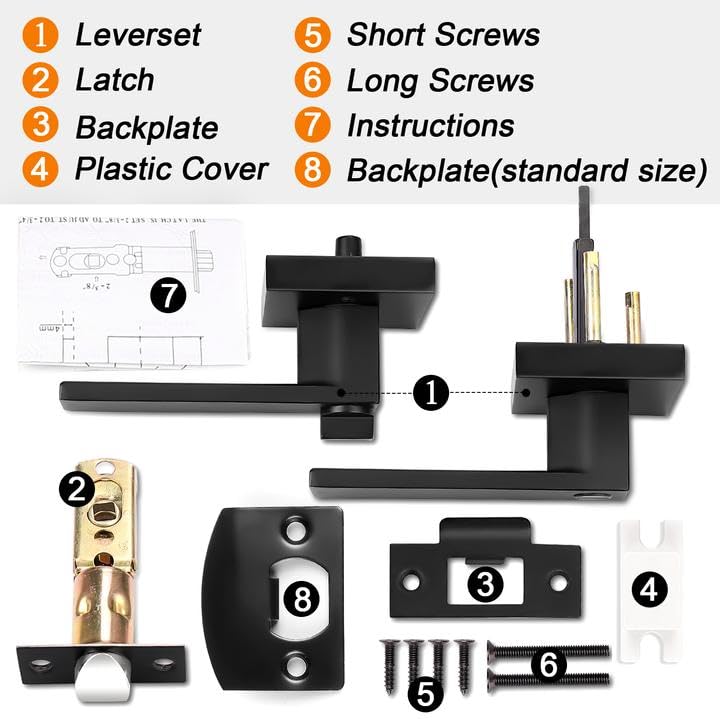 Probrico Heavy Duty Flat Black Square Privacy Interior Door Levers Bedroom and Bathroom Door Handles Keyless Bed/Bath Lockset (5 Pack)