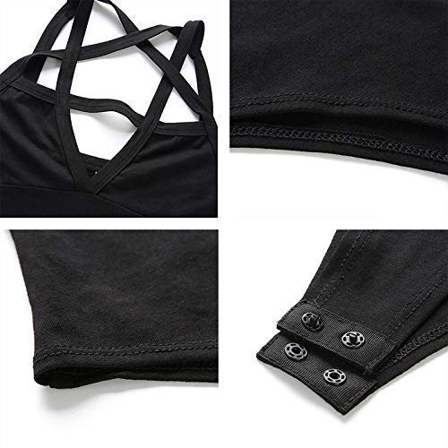 LJJPMLLPZ Women Hollow Out Low Chest Pentagram Bodysuit Gothic Dark Street Jumpsuit (S)