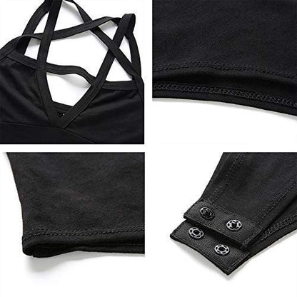 LJJPMLLPZ Women Hollow Out Low Chest Pentagram Bodysuit Gothic Dark Street Jumpsuit (S)