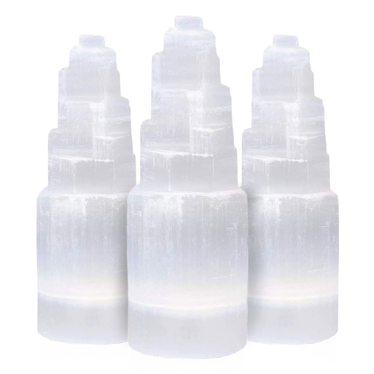 NORTHLANDZ Selenite Crystal Skyscraper Tower, Healing & Calming Effects, Cordless Meditation Stones, 10 cm Each – 3 Pack, White