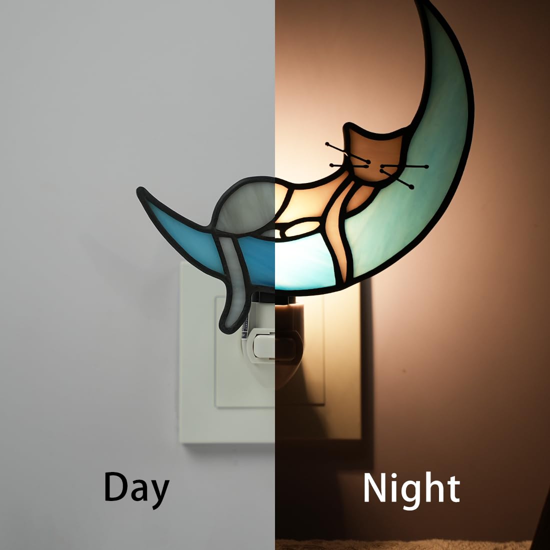 BOXCASA Cat on Moon Decor Stained Glass Night Lights Plug Into Wall Decorative,Night Light Plug in Decor for Children's Room Kitchen Toilet Bathroom,Cats Themed Gifts for Women Cat Lover