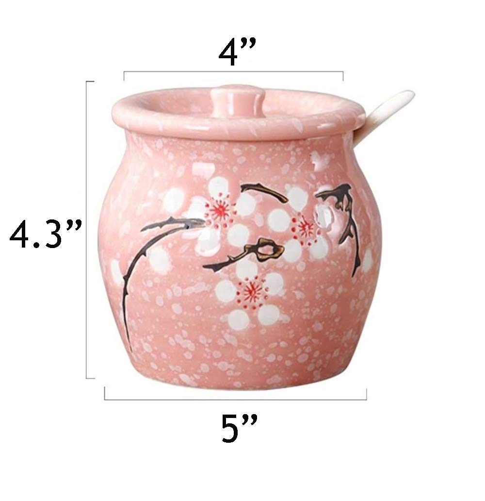 Ceramic Flower Sugar Bowl Seasoning Pot Salt Storage Jar with Lid Spoon