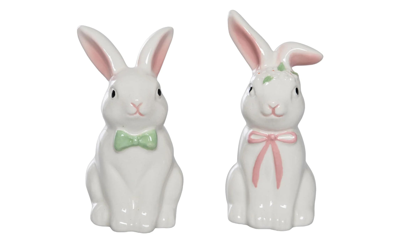 The Bridge Collection Ceramic Bunny Salt And Pepper Shaker Set – White Rabbit Shakers With Pink And Green Bow Details – Easter Table Decor And Spring Kitchen Accent