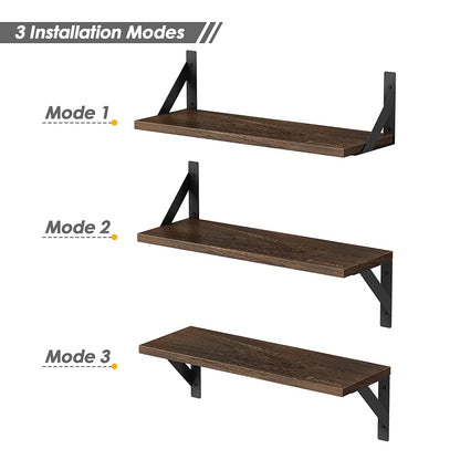 Forbena Rustic Floating Book Shelves for Wall Set of 3, 17 Inch Wood Wall Bookshelf for Bedroom, Wooden Wall Mounted Hanging Shelf for Office Living Room Bathroom Decor Pictures Books (Dark Brown)