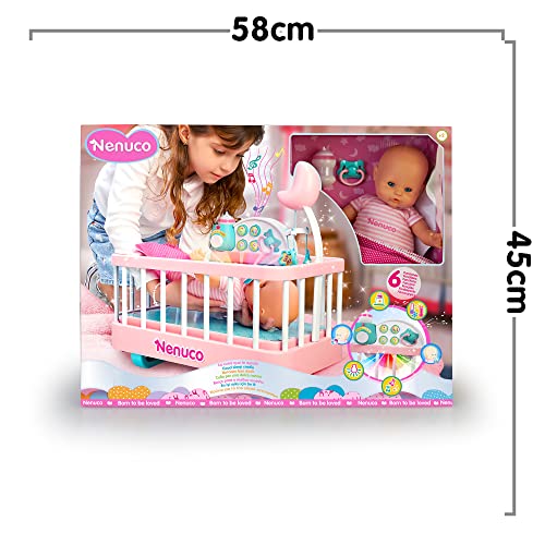 Nenuco - Good sleep cradle, interactive cot with lights and sounds, with a soft body doll for the youngest children and accessories such as bottle and soother, Famosa (700017203)
