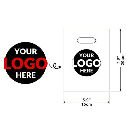 100 SALIFECO Custom Plastic Bags with Logo, 2.36Mil Personalized Shopping Bags with Die Cut Handles, Glossy Gift Bags for Small Business, Boutique, Retail, Trade Shows, Events, Parties (6x8In)