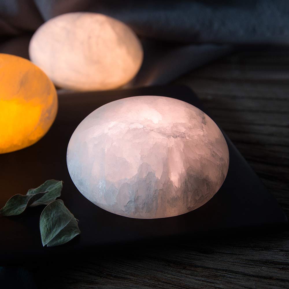 MIYA LIFE Selenite Lamp Hand Carved Stone Lamp Rechargeable Taplights Selenite Crystal Light with Dimmer (White/Warm/Yellow) for Bedroom Healing Natural Crystal Light (1 Piece, Round Taplight)