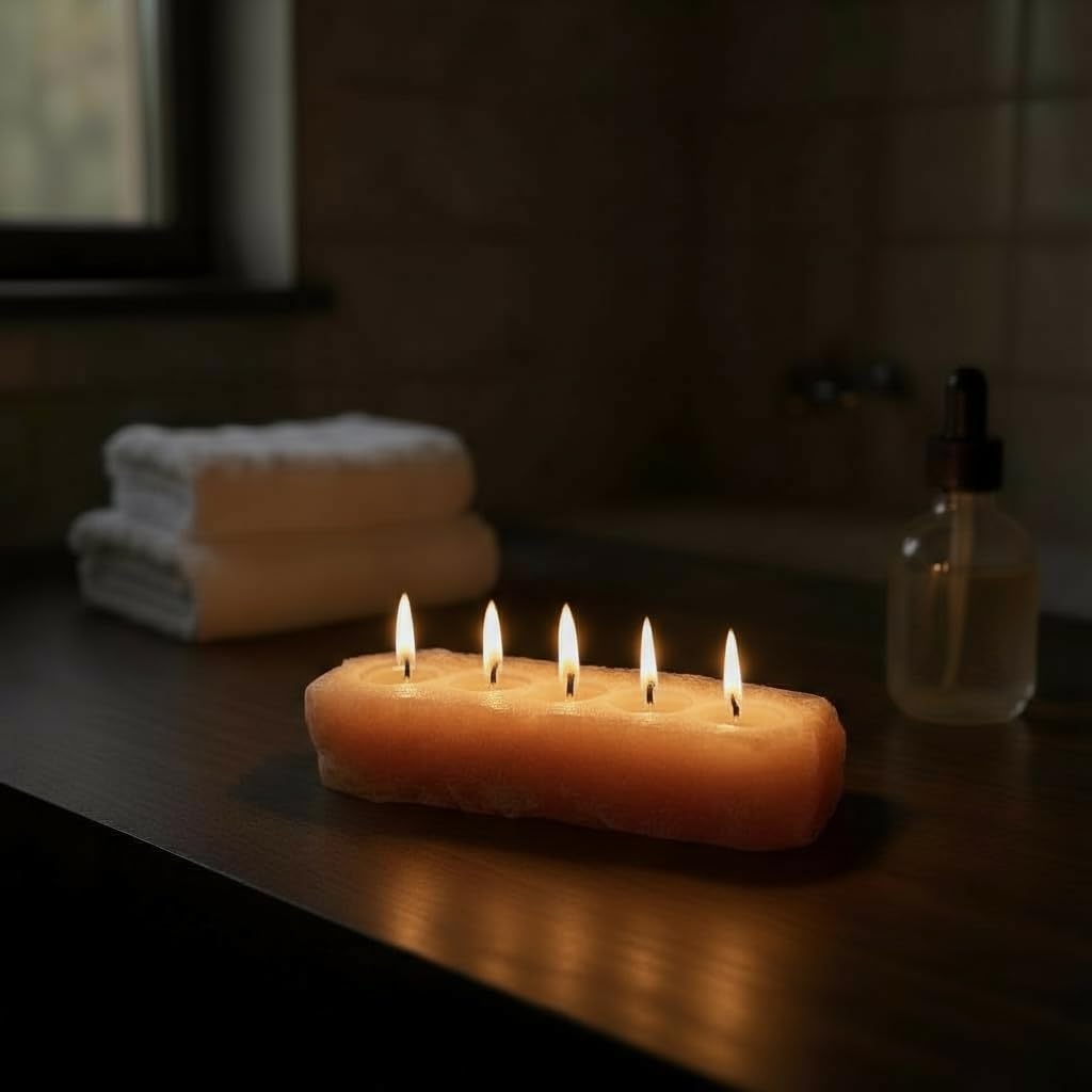 Himalayan Salt 5-Tealight Candle Holder, Natural Pink Crystal, 13 x 3 x 3 Inches, Hand Carved Votive Holder, 6-7 Pounds