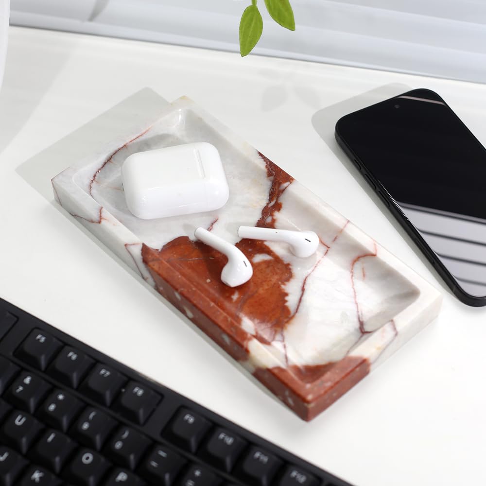 Small Marble Bathroom Tray, Real Marble Vanity Tray, Natural Stone Organizer for Countertop, Mini Marble Organizer for Jewelry Perfume Towel, Non-Resin Non-Ceramic (Calacatta Red 7.9" x 3.9" x 0.7")