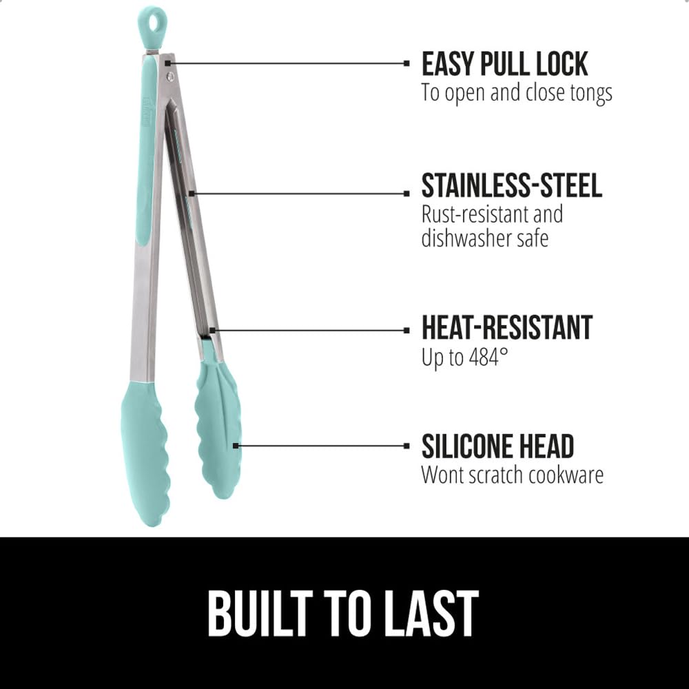 GORILLA GRIP Stainless Steel Heat Resistant Kitchen Tongs for Cooking, 9 + 12 Inch, Set of 2 BBQ Tong, Non Scratch Silicone Tip for Pan, Strong Grip, Grab Food, Toss Salad, Air Fryer, Pull Lock, Black
