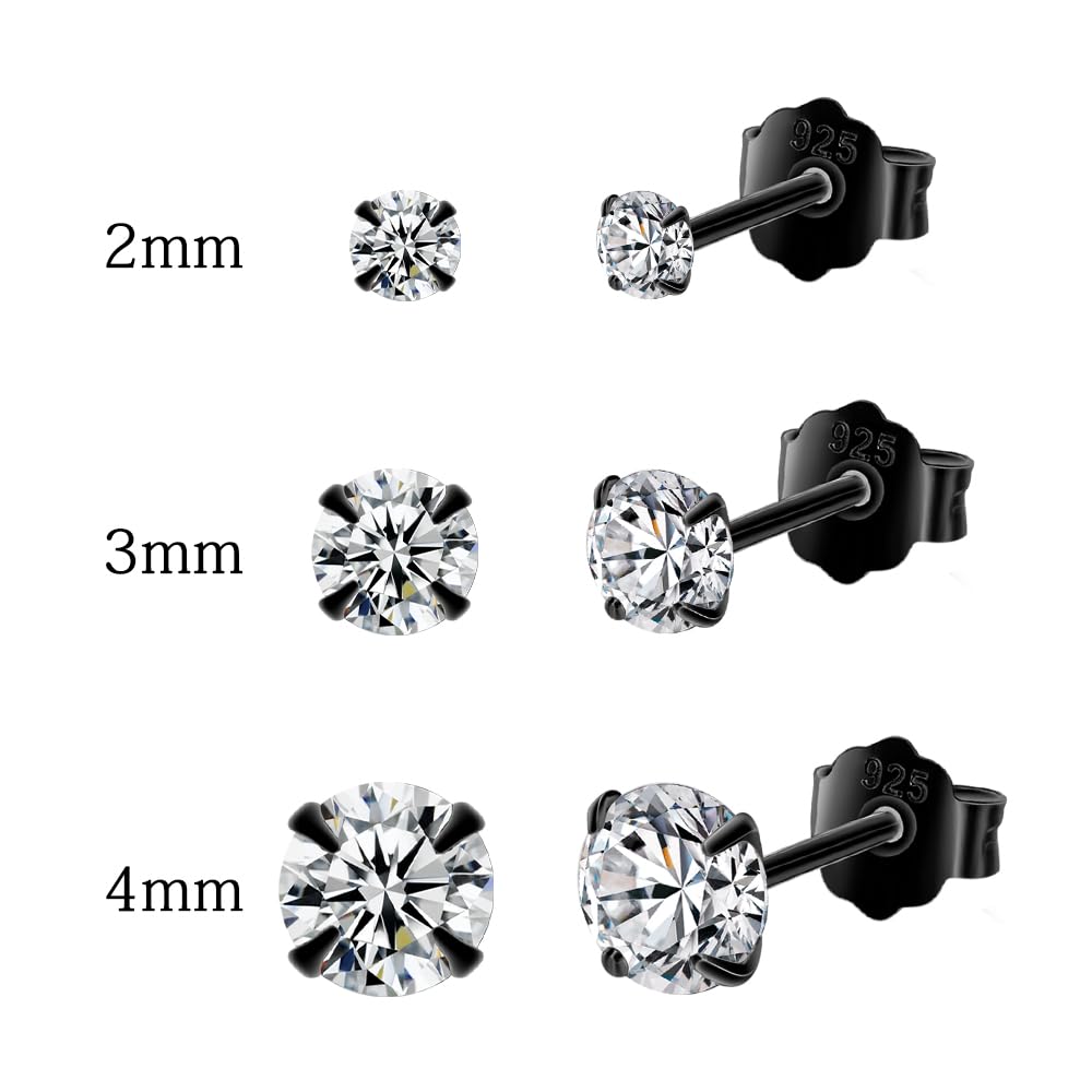 Black Hoop Earrings Sterling Silver Stud Earrings for Men Women 6 Pairs Hypoallergenic Tiny Cubic Zirconia Stud Set Cartilage Hoops 8mm 10mm 12mm