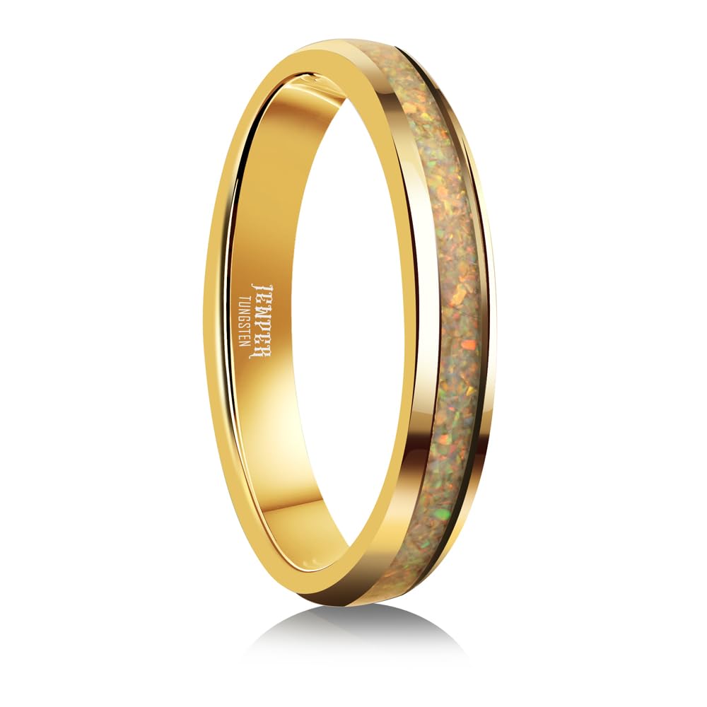JEWPER 4mm Men Womens Wedding Band Tungsten Rings Gold Fashion Promise Carbide Inlaid White Opal Matte Finish Edge Comfort Fit Size(7)