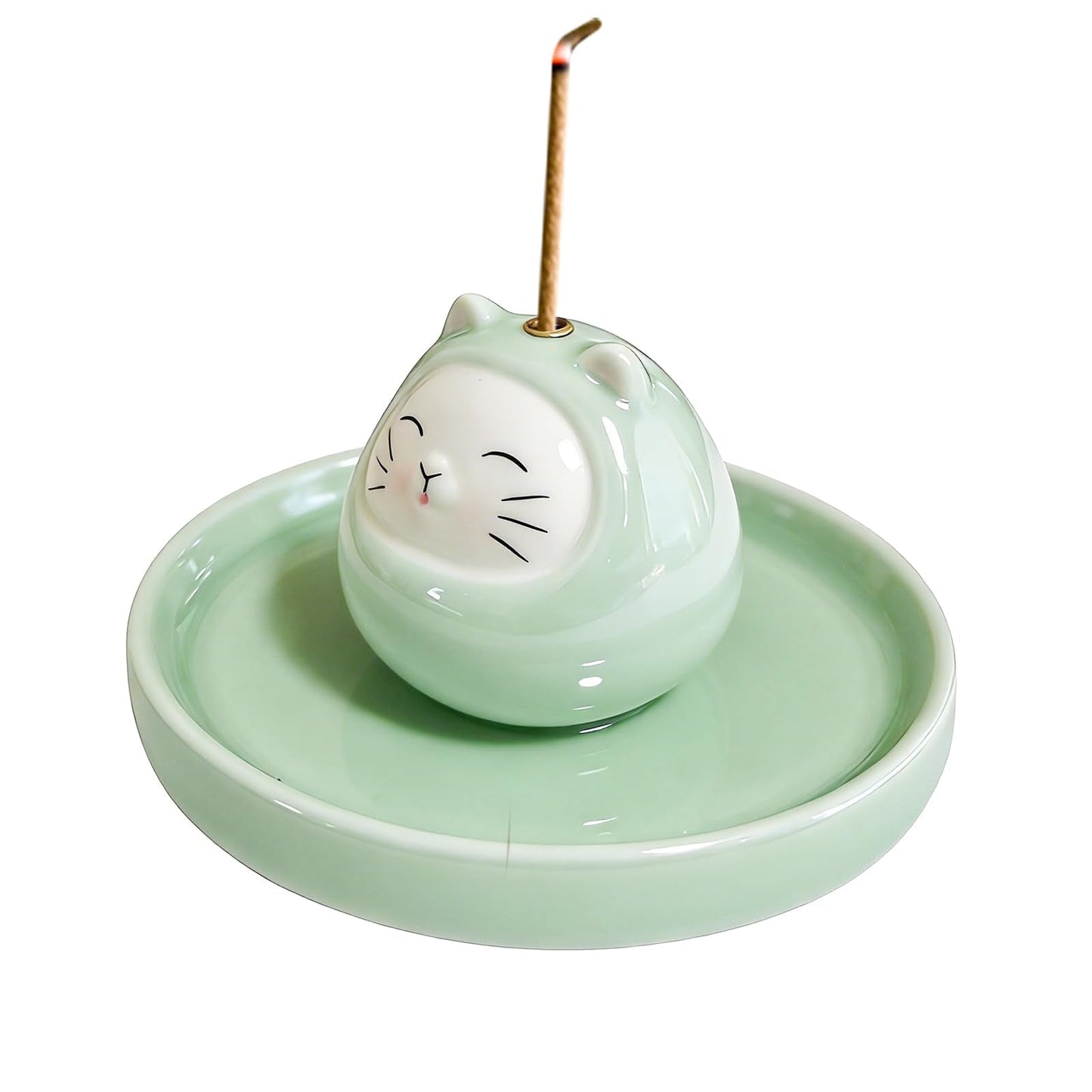 Ceramic Cat Incense Holder for Stick Incense, Cute Animal Incense Burner with Tray, Indoor Aromatherapy Decor for Home, Desk, Meditation & Relaxation