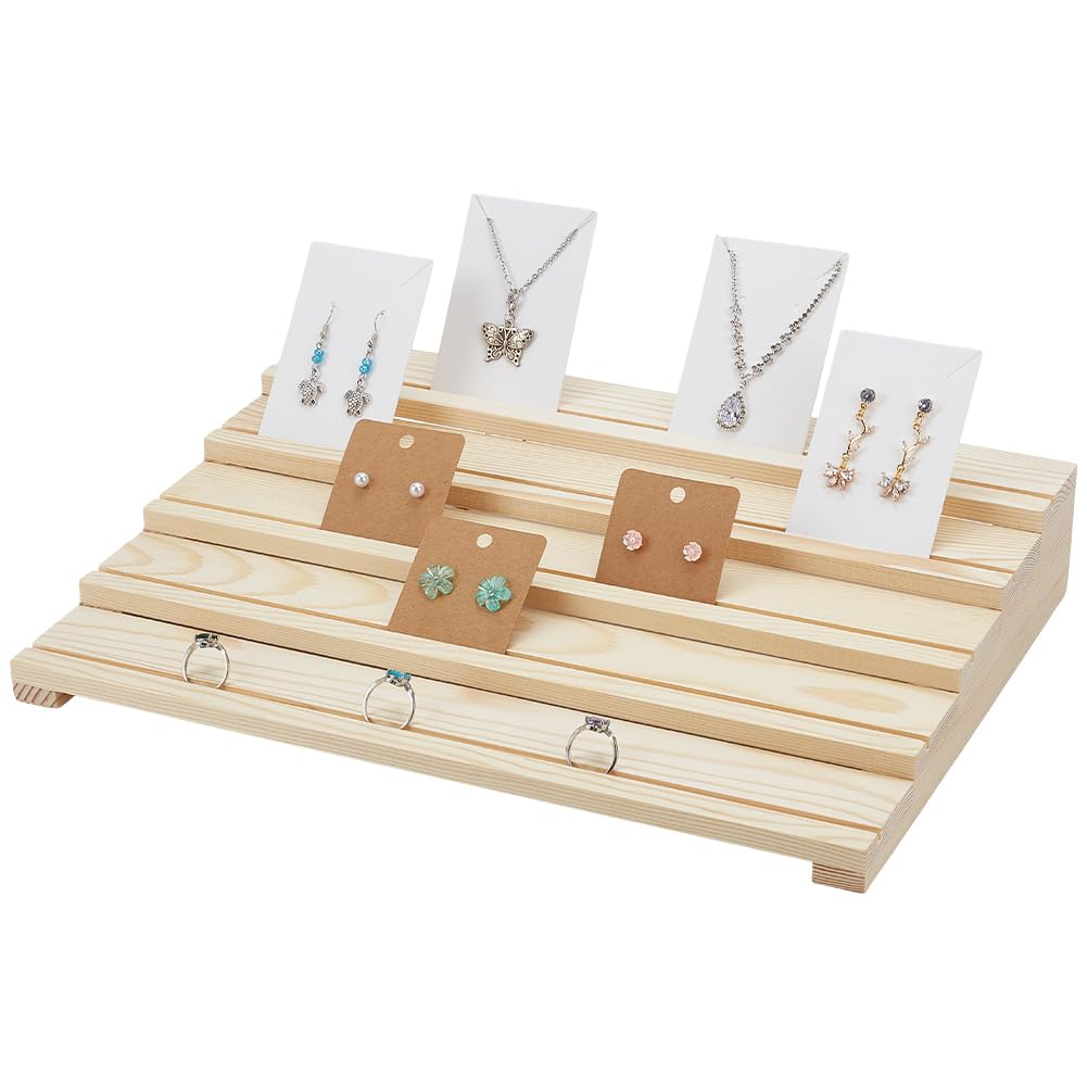 PH PandaHall Wood Earring Card Display Stand, 5-Slot Rustic Earring Holder Riser Portable Jewelry Display Rack Organizer for Vendor Booths Selling Retail Business Jewelry Show