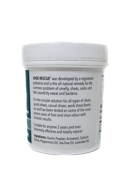 Shoe and foot powder - Foot odour remover eliminator - Developed by a registered podiatrist Shoe Rescue is a Natural deodorant remedy to eliminate smelly shoes and feet - keeps feet fresh