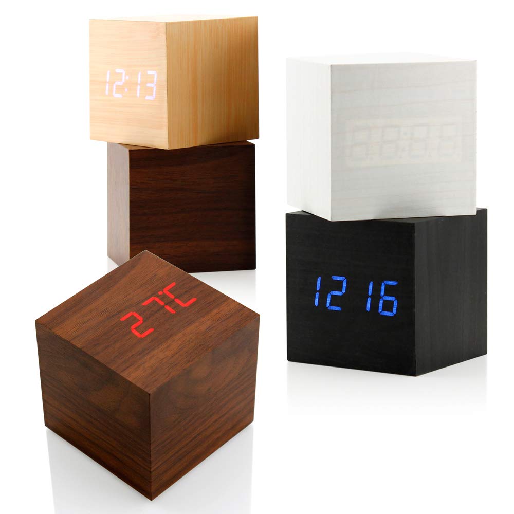 Digital Alarm Clock, Brighter Display Wooden Alarm Clocks, LED Clock For Bedroom, Small Digital clock with USB LED and Charger, Square Shape With Compatible Size Suitable For Bedrooms, Office-Brown