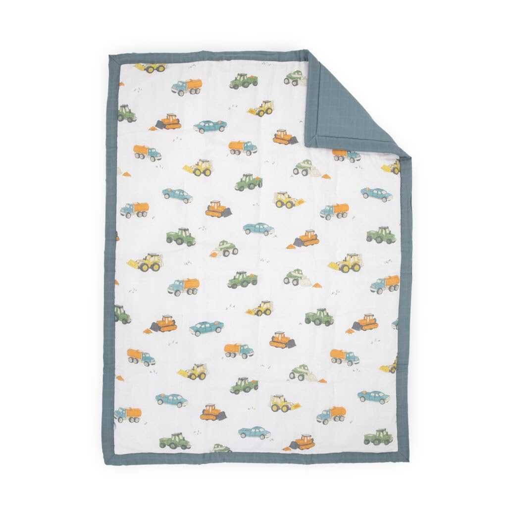 Little Unicorn Muslin Comforter Blanket | Soft & Breathable Muslin Fabric | 36"x50" | 100% Cotton | Crib & Toddler Bed Blanket (Work Trucks)