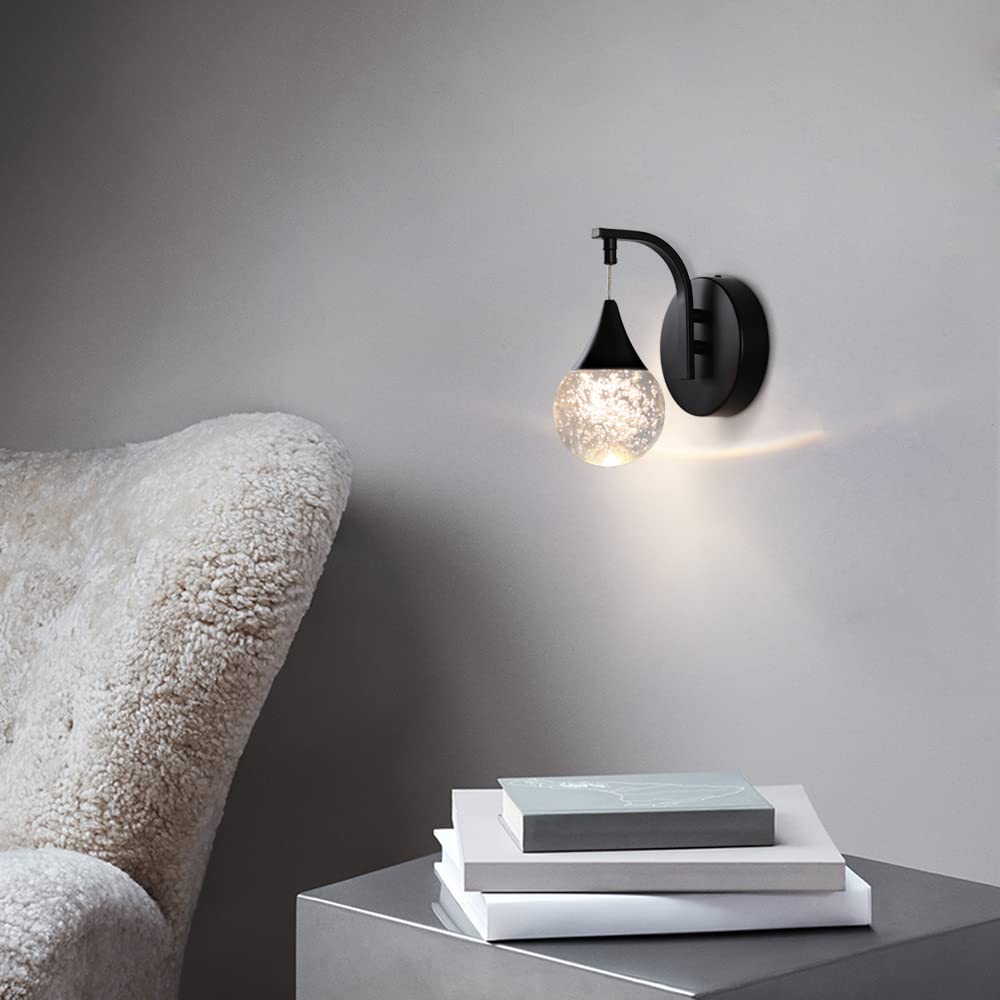 Sedelan Modern Crystal Bubble Wall Sconce, 5W Dimmable LED Wall Light Fixture, 3300K Warm White Indoor Wall Lighting, Matte Black for Bedroom Bedside Living Room Bathroom Hallway