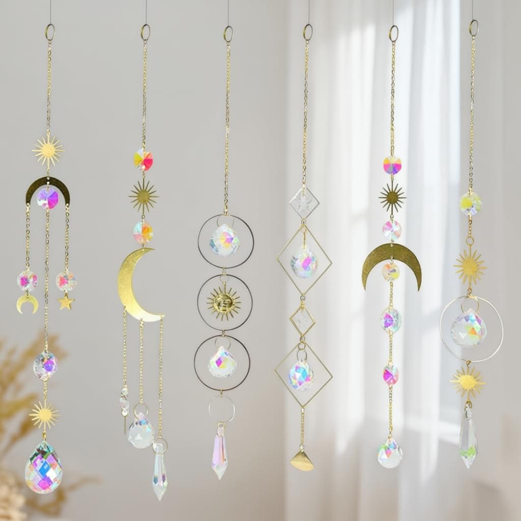 6PCS AB Crystal Suncatcher Hanging Sun Catcher with Chain Rainbow Maker Pendant Crystal Balls Prism for Window Home Garden Christmas Party Wedding Decoration