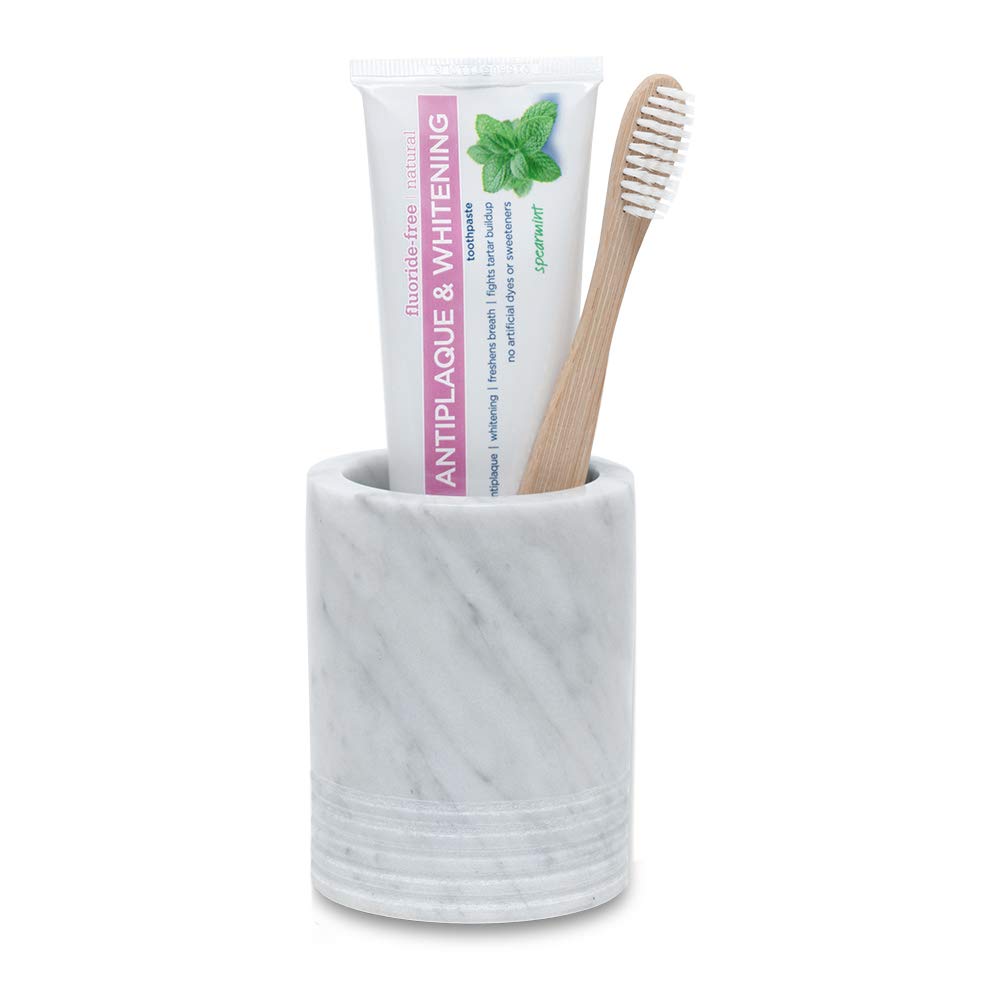 JIMEI Natural Marble SPA Collection Tumbler Toothbrush Holder Makeup Brush Holder Bathroom Countertop Organizer
