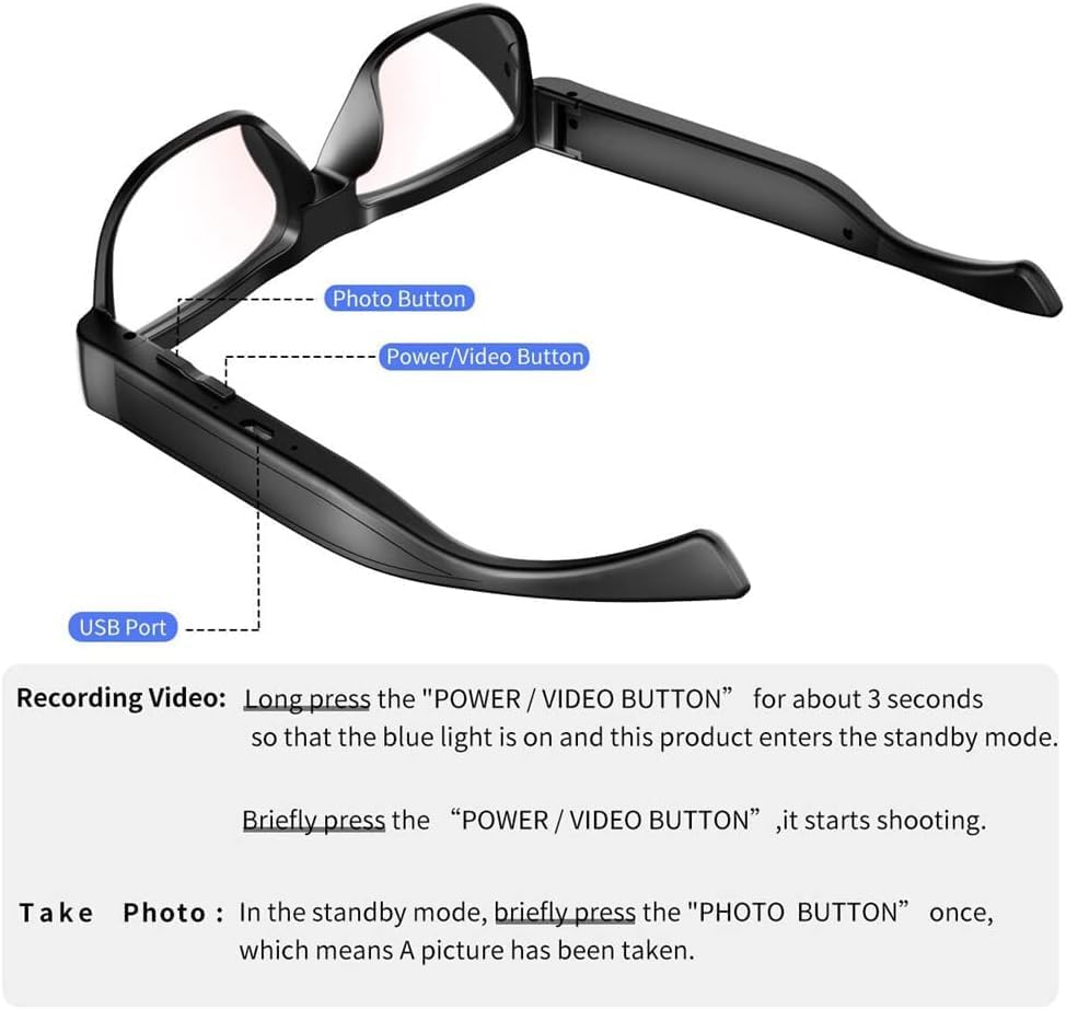 Camera Glasses Video Glasses HD Smart Glasses Recording Outdoor Sport Glasses with Camera Wearable Eyeglass Built-in 32G Memory Card only Open on Computer