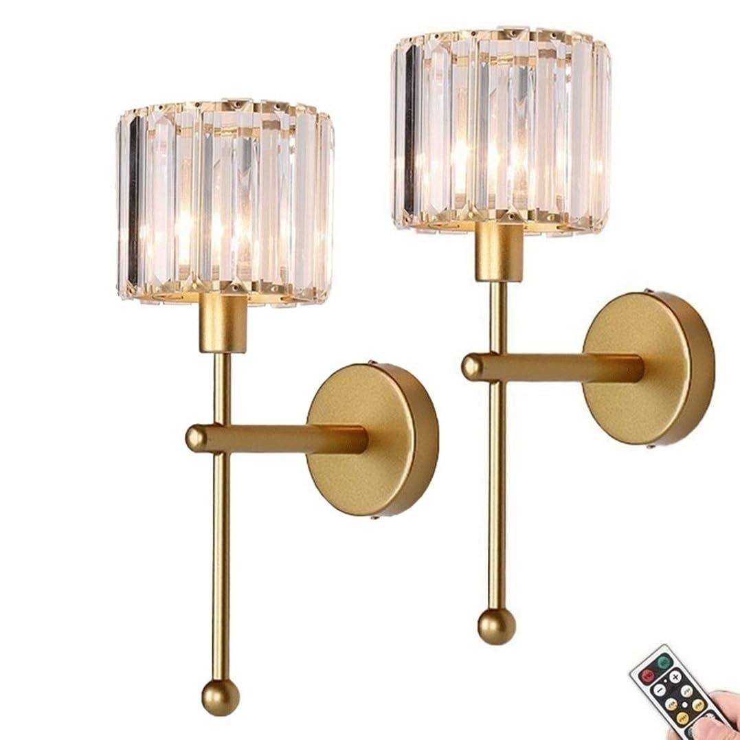 SADOVC Modern Glass Crystal Wall Sconces Battery Operated Set of 2, Gold Rechargeable Wall Lights with Remote,Non Hardwired Clear Wall Lighting Fixture Brass for Bedroom Bathroom Living Room Porch
