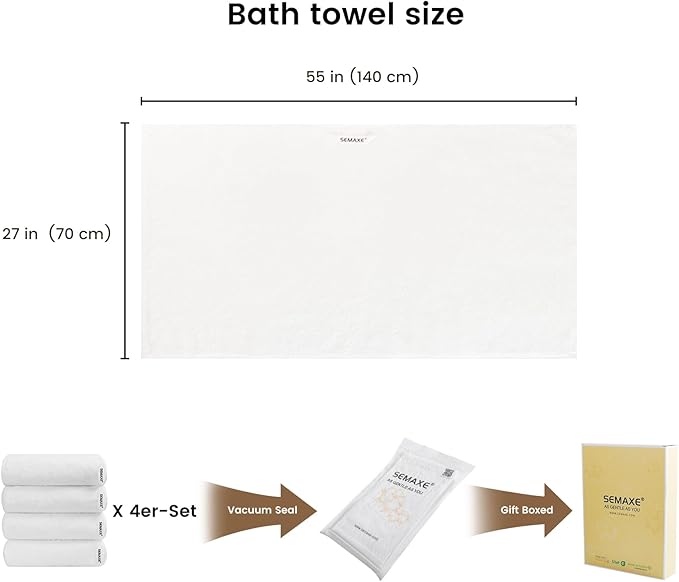 SEMAXE White Bath Towels Set of 4, 100% Cotton Luxury Bathroom Towels, and