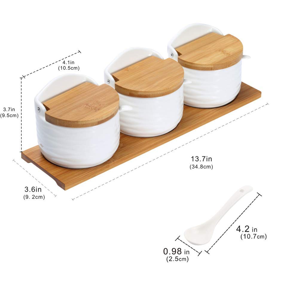 Ceramic Sugar Bowl with Bamboo Lids and Spoons Serving Tray, Porcelain Sugar Container for Sugar Tea Coffee Spice,Salt Condiment with Chalkboard Labels for Home Kitchen ,9.1 fl oz 270 ML,3PCS