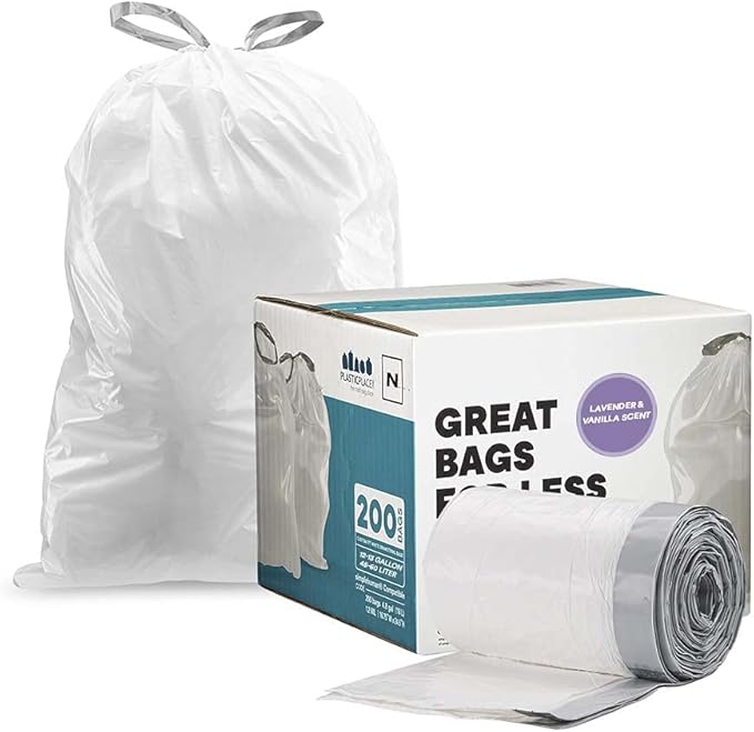 Plasticplace White Drawstring Lavender and Soft Vanilla Scented Garbage Can