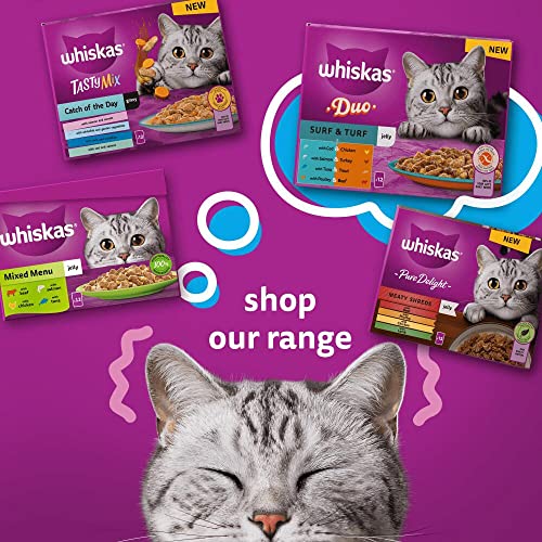 WHISKAS - 1+- Adult Wet Cat Food Pouches - 40 x 85 g - Surf and Turf in Jelly - Bulk Cat Food Megapack - 40 Pouches