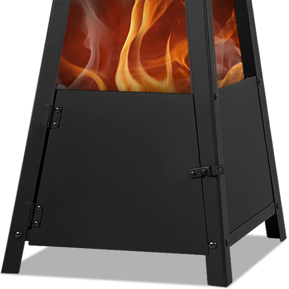 GARDEBRUK® Pyramid Fire Pit | Smoke Outlet | Garden Patio Heater with Lockable Door | Firm Stand | Wood Charcoal Fire Basket Chimenea with Poker | 102cm / 40' | 5kg | Black