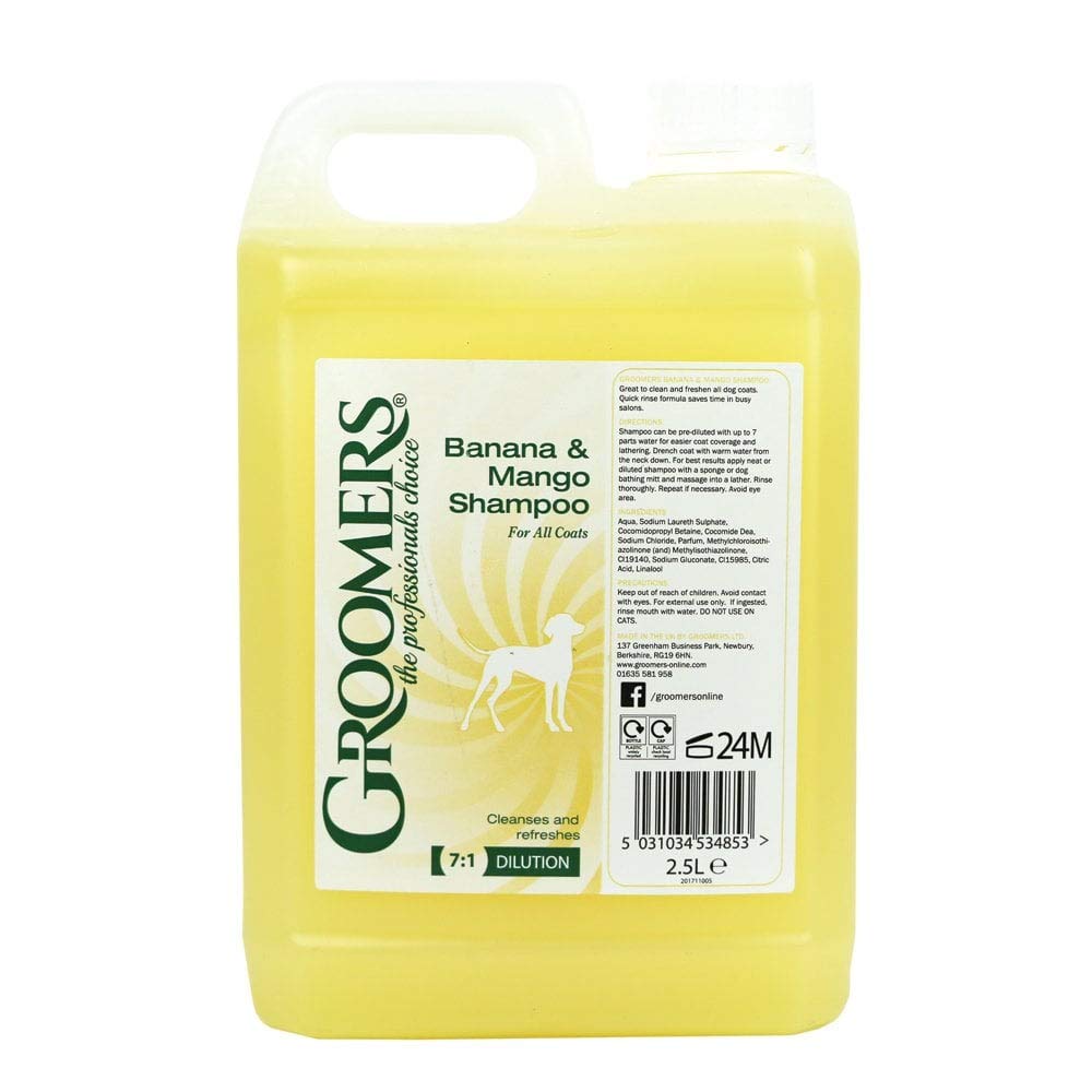 Groomers Banana and Mango Dog Shampoo, 2.5 Litre - Suitable For Any Coat Type & Frequent Use - For Groomers & Pet Owners - Made in the UK