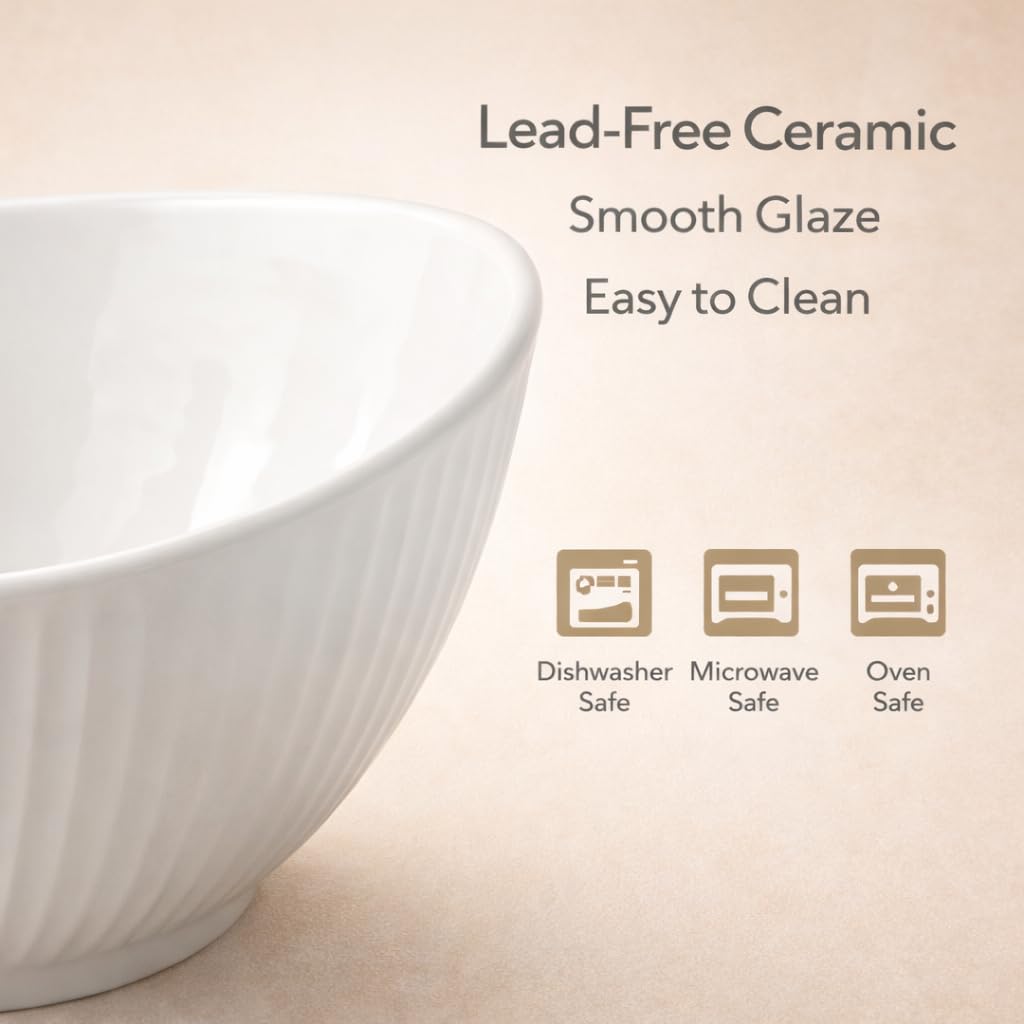 Hoilse 60oz Large Ceramic Salad Bowl with Acacia Wood Utensils, 10" Oval White Serving Bowl for Soup, Pasta, Fruit, Snacks – Mixing Bowls for Entertaining, Party, Kitchen, Dinner – Housewarming Gift