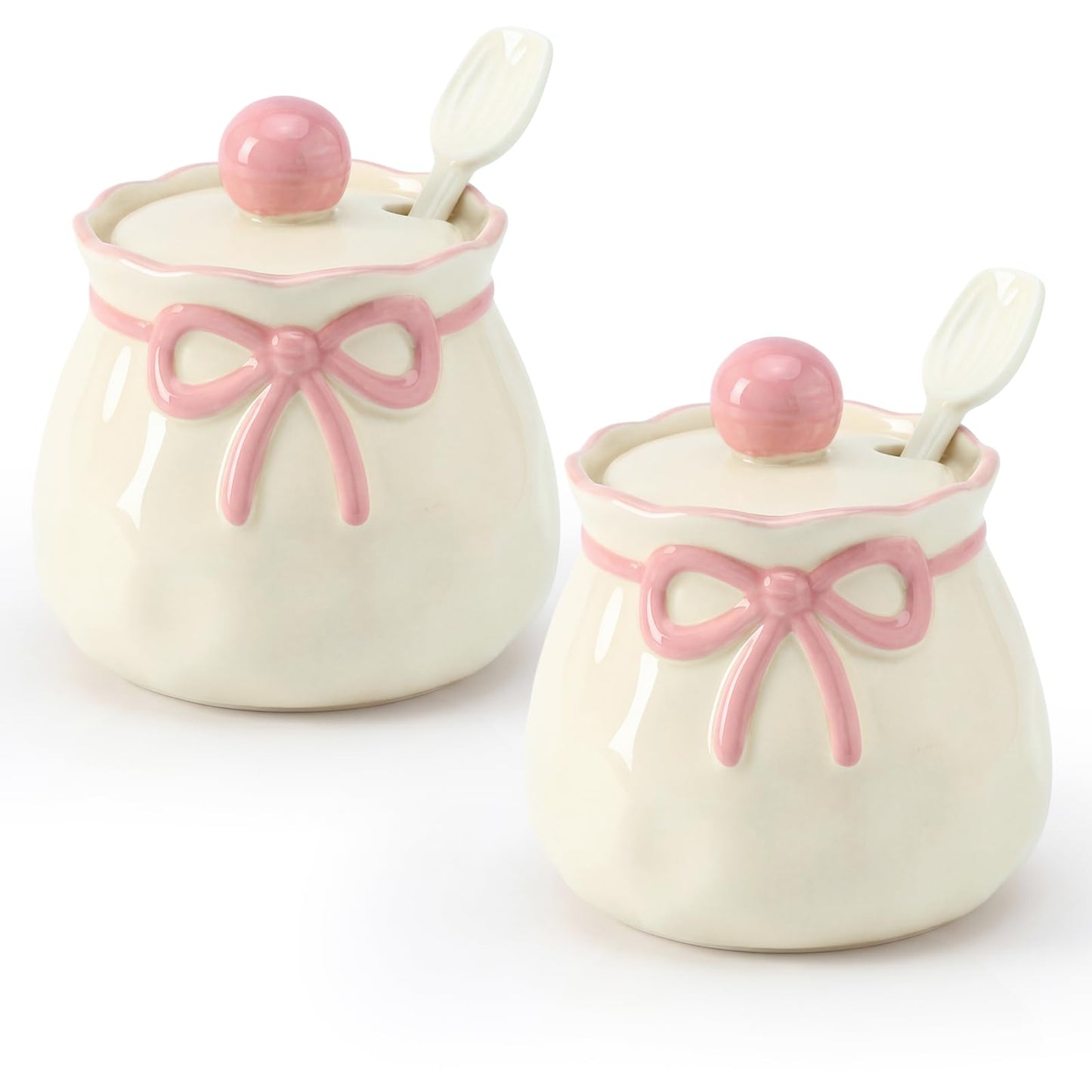 Ferrochef 2 Pcs Pink Bow Salt and Pepper Containers Cute Sugar Container with Lid Ceramic Salt and Pepper Cellars with Lids Spoons Pink Kitchen Gift for Women Coquette Decors for Spice Housewarming