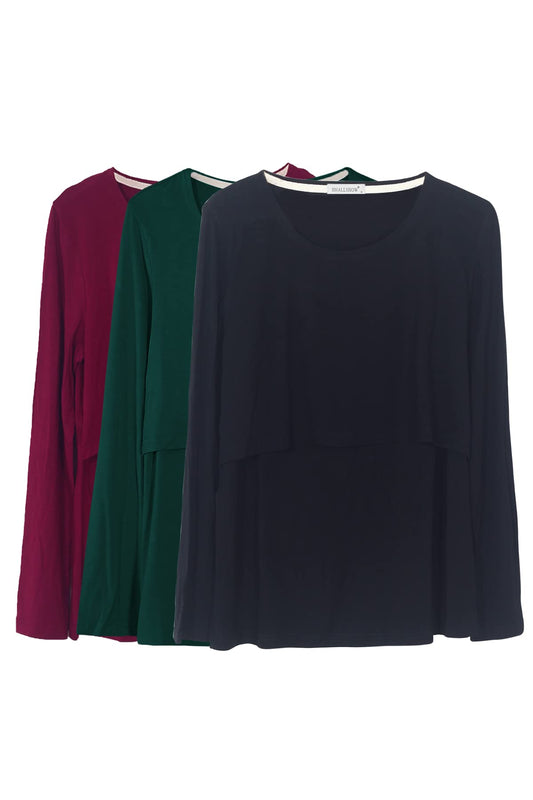 Smallshow Nursing Tops Women's Maternity Long Sleeve Breastfeeding Shirts,Wine/Deep Green/Black,M