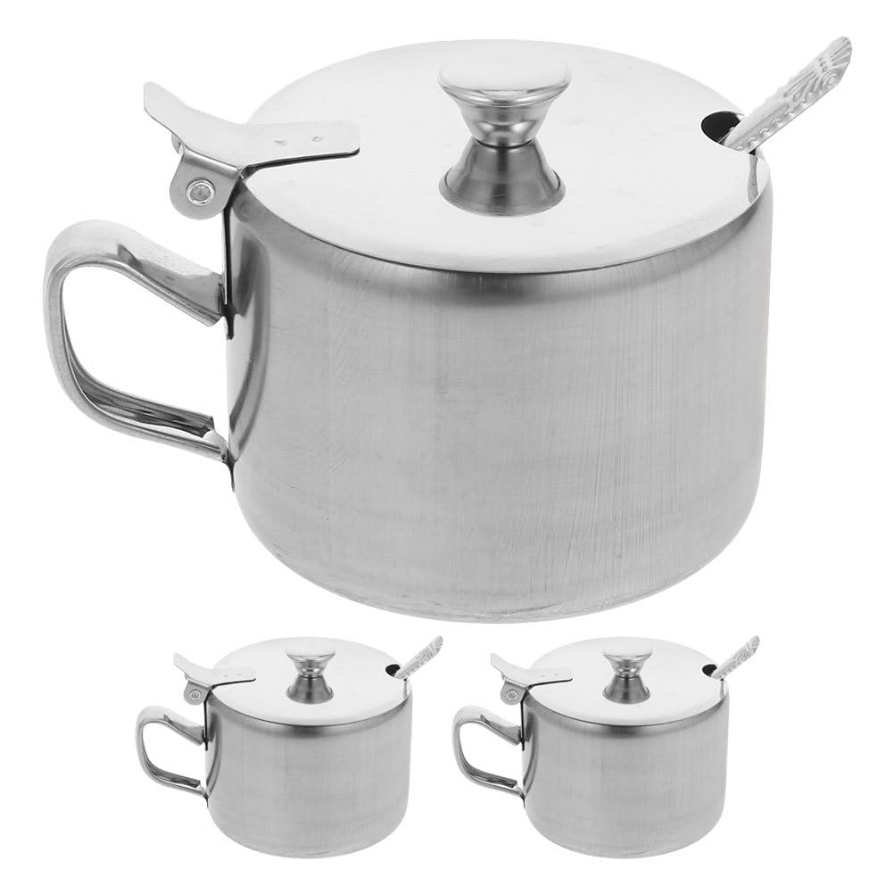 CATIEBYE Stainless Steel Sugar Bowls Set of 3 with Lids and Spoons Multi-Purpose Condiment Containers for Kitchen Countertop Storage Sugar Salt Pepper Spice Bowls 3.54X2.75X2.55 Inch