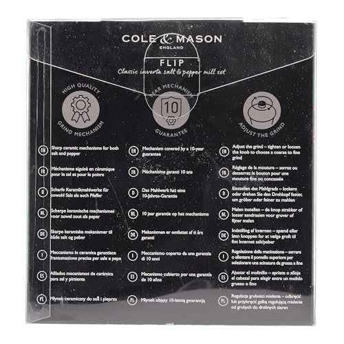 Cole & Mason Flip 180 Chrome Salt and Pepper Mill Set, Adjustable Coarseness, Ceramic Mechanism, Acrylic, 154 mm, Filled Salt and Pepper Grinders