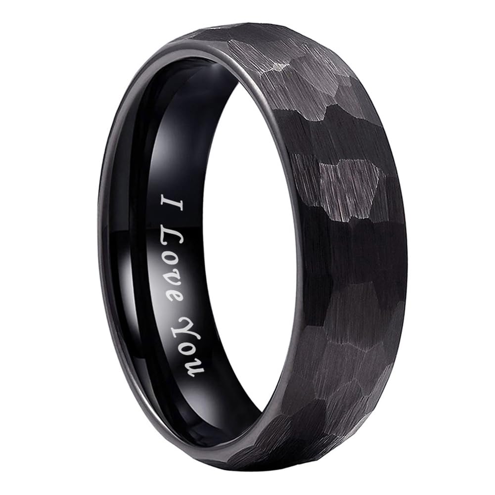TUTISS 6mm Black Hammered Tungsten Carbide Rings for Men Women Engagement Wedding Bands Domed I Love You Engraved Comfort Fit Size 5