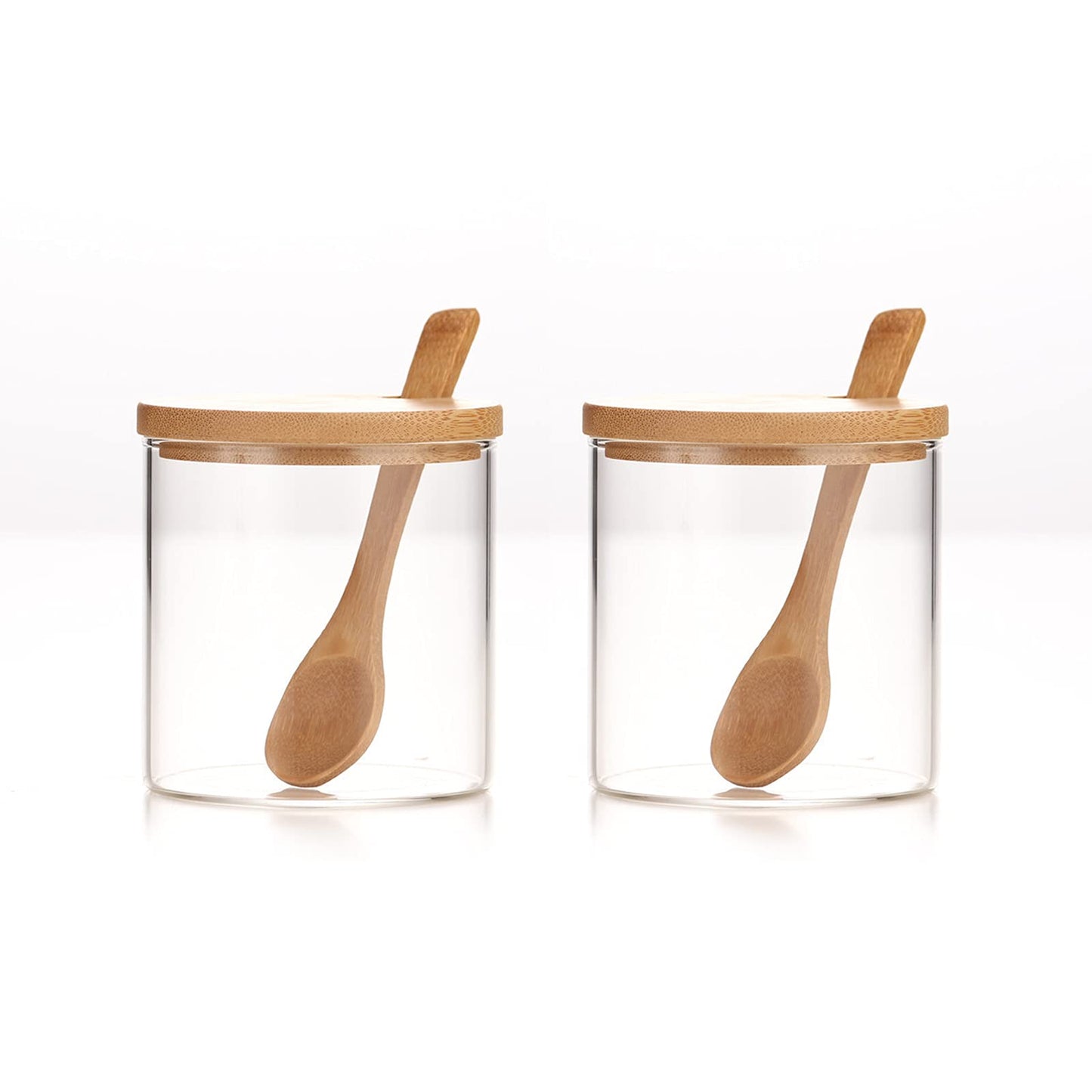 300ML/10Oz Clear Glass Jar with Bamboo Lid and Wooden Spoon, Cute Sugar Bowl Bath Salt Storage Canister Seasoning Container Condiment Pot with Scoop for Spice, Pepper for Kitchen, Table, Countertop