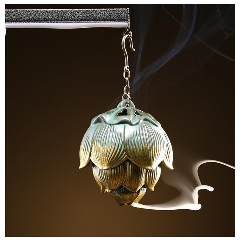 Primst Lotus Furnace Hollow Hanging Ball Incense Burner, Ceramic Backflow Incense Cones and Incense Coil Holder for Home Office Ornament Decoration
