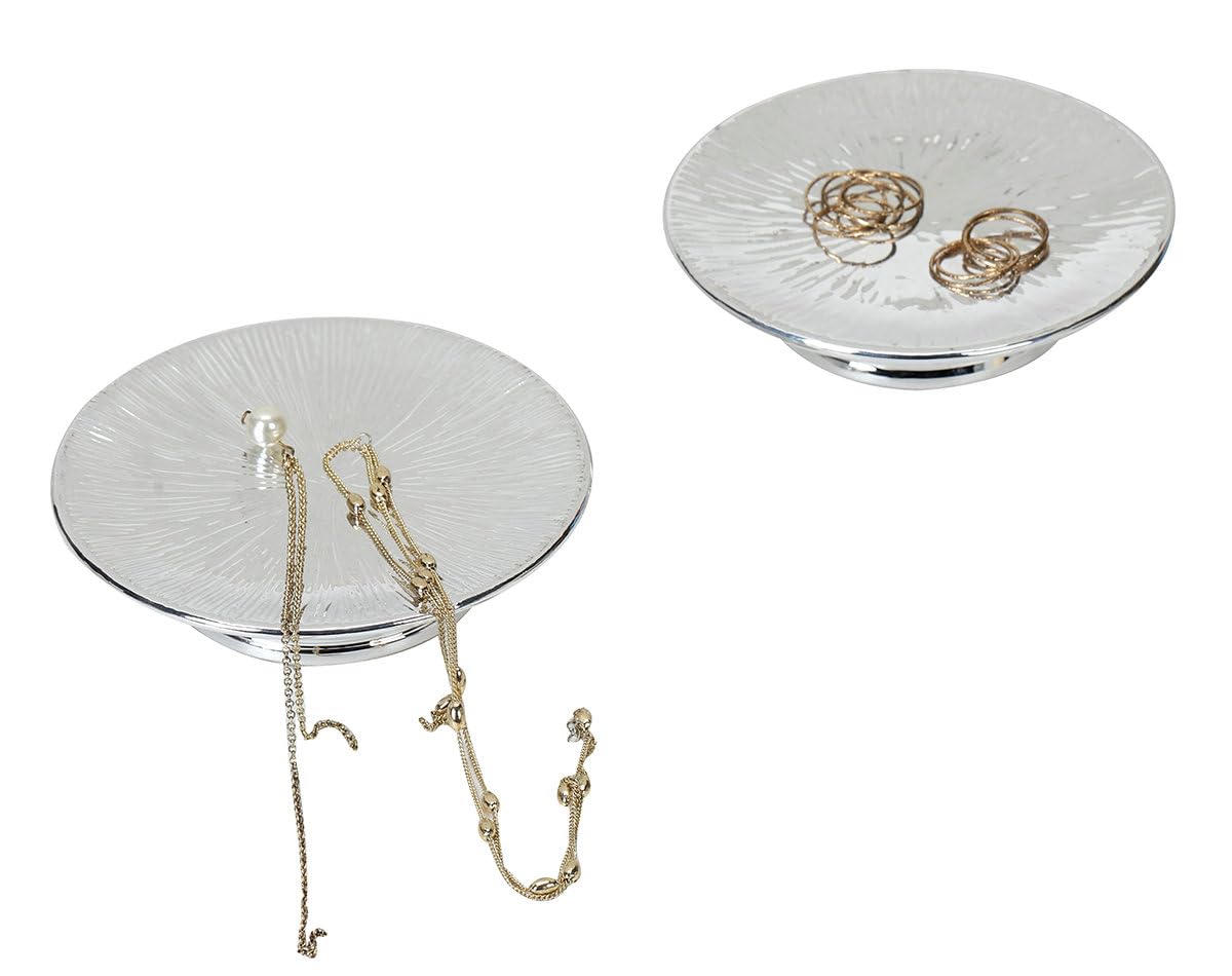 Metallic Silver Ceramic Candle Plate and Jewelry Dish Set of 2, 5" Diameter