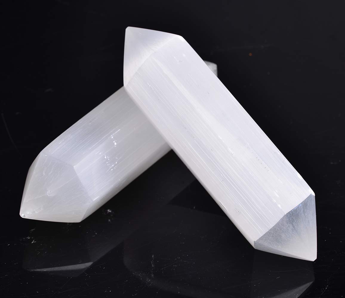 AMOYSTONE Selenite Crystal Wand Double Termated Crystal Point 6 Sides Selenite Wands Large 6" 1 PC
